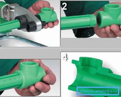 Le fasi di saldatura PP: 1) riscaldamento del tubo e raccordo con un saldatore elettrico; 2, 3) docking; 4) sezione di saldatura corretta Le fasi di saldatura PP: 1) riscaldamento del tubo e raccordo con un saldatore elettrico; 2, 3) docking; 4) sezione di saldatura corretta