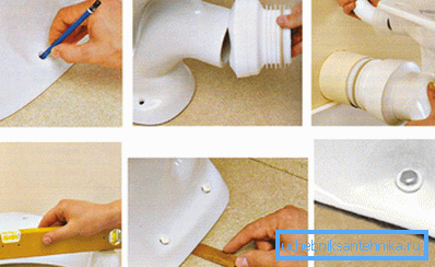 Illustrazioni fotografiche delle azioni eseguite durante il collegamento del water e della linea fognaria Illustrazioni fotografiche delle azioni eseguite durante il collegamento del water e della linea fognaria