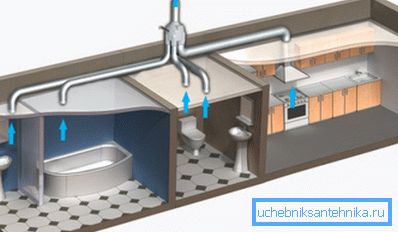 Rappresentazione grafica del posizionamento della ventilazione con un montante al livello del bagno Rappresentazione grafica del posizionamento della ventilazione con un montante al livello del bagno