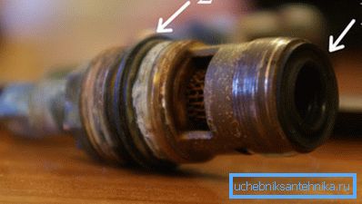 Posizioni di guarnizioni in gomma sul meccanismo di bloccaggio del miscelatore, in caso di danni a cui un difetto di questo tipo si verifica quasi sempre