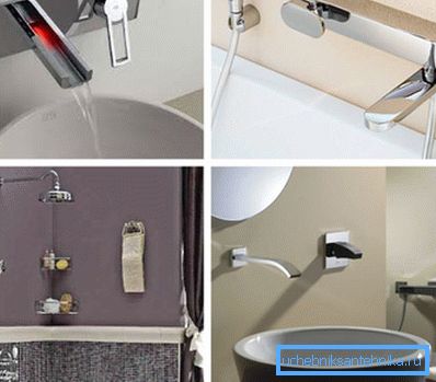 Nella foto - opzioni per rubinetti incorporati per lavelli, docce e vasche da bagno. Nella foto - opzioni per rubinetti incorporati per lavelli, docce e vasche da bagno.